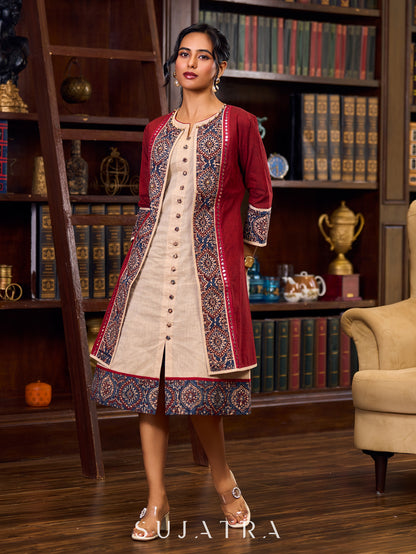Handcrafted Maroon Handloom Cotton Jacket Adorned with Mirror Lace and Ajrakh Detailing