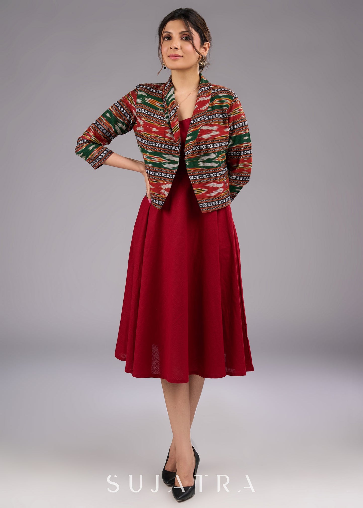 Cotton Maroon Flared Strappy One Piece Dress - Ikat blazer jacket optional