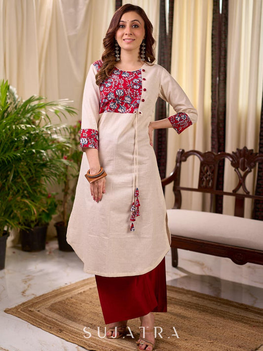 Off White Cotton Flex Apple-Cut Kurta with Red Printed Yoke and Tassel Detail