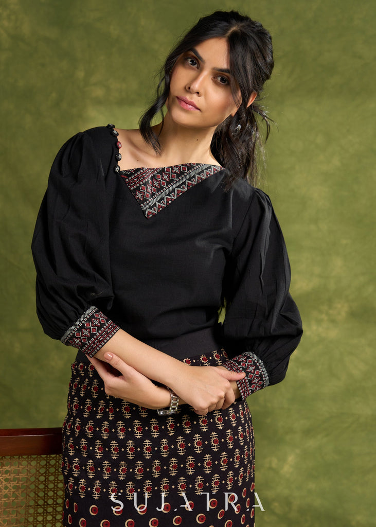 Black Cotton Top With Asymmetric Neck And Puffed Sleeves - Skirt Optional