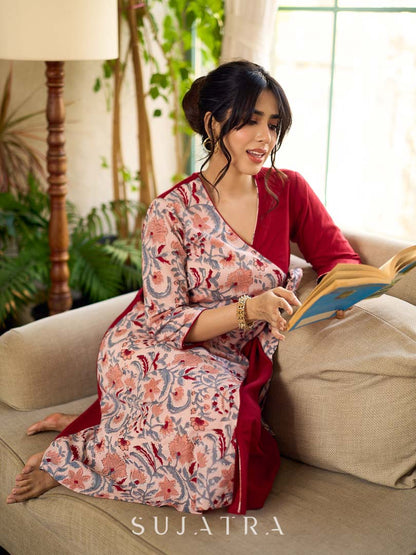 Jaipur-printed maroon floral crossover dress featuring a wrap-style silhouette with a coordinating floral tie-up, creating a flattering cinched waist and a breezy, feminine flow.