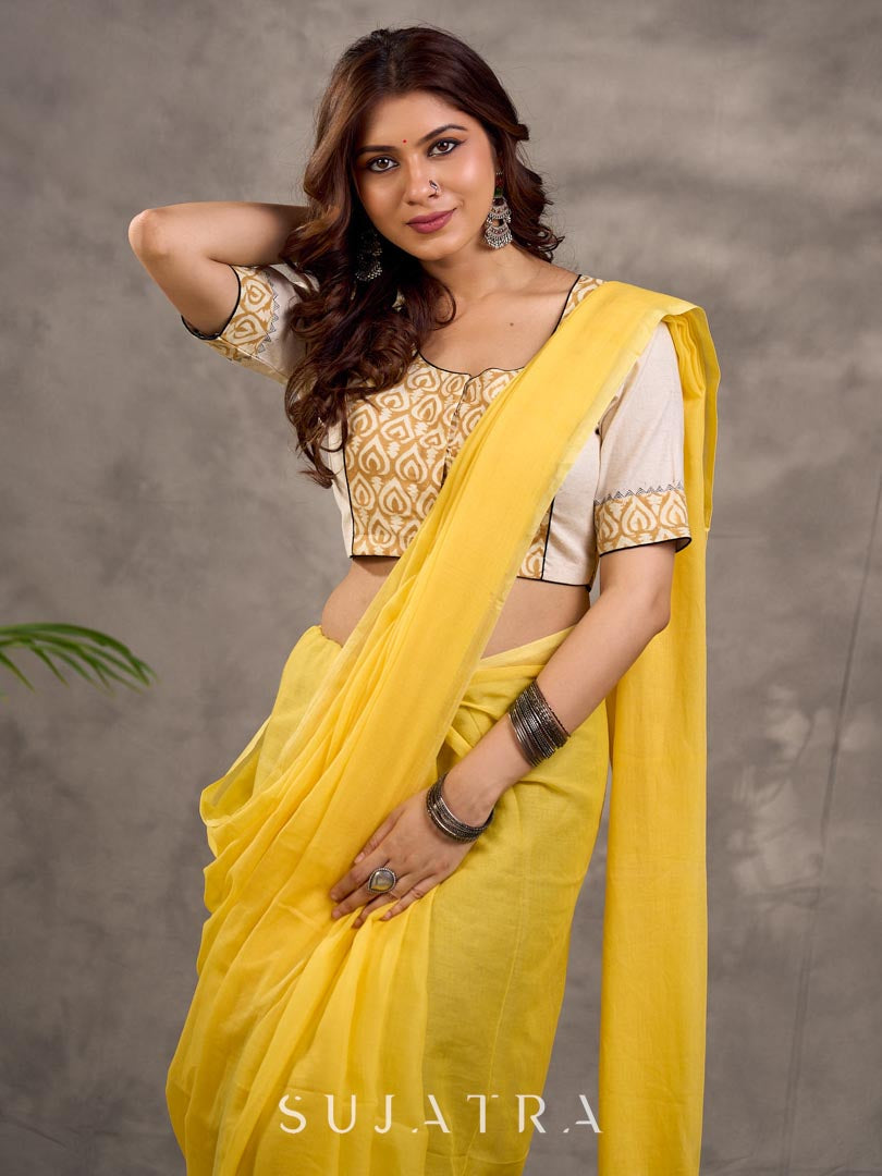 Off White and Mustard Elbow Sleeve Blouse with Contrast Piping and Hand Painted Gond Art on Back