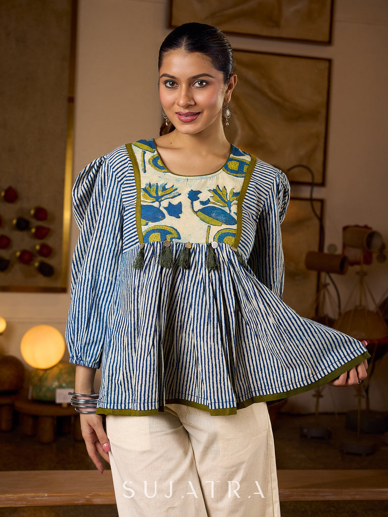Exquisite Indigo Striped Top with Dramatic Puffy Sleeves, Contrasting Yoke & Tassel Embellishments