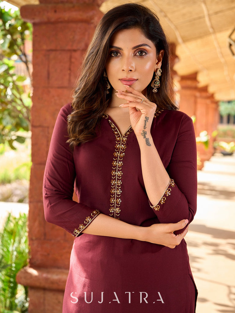 Beautiful hand embroidery Rich dark brown rayon kurta -palazzo optional