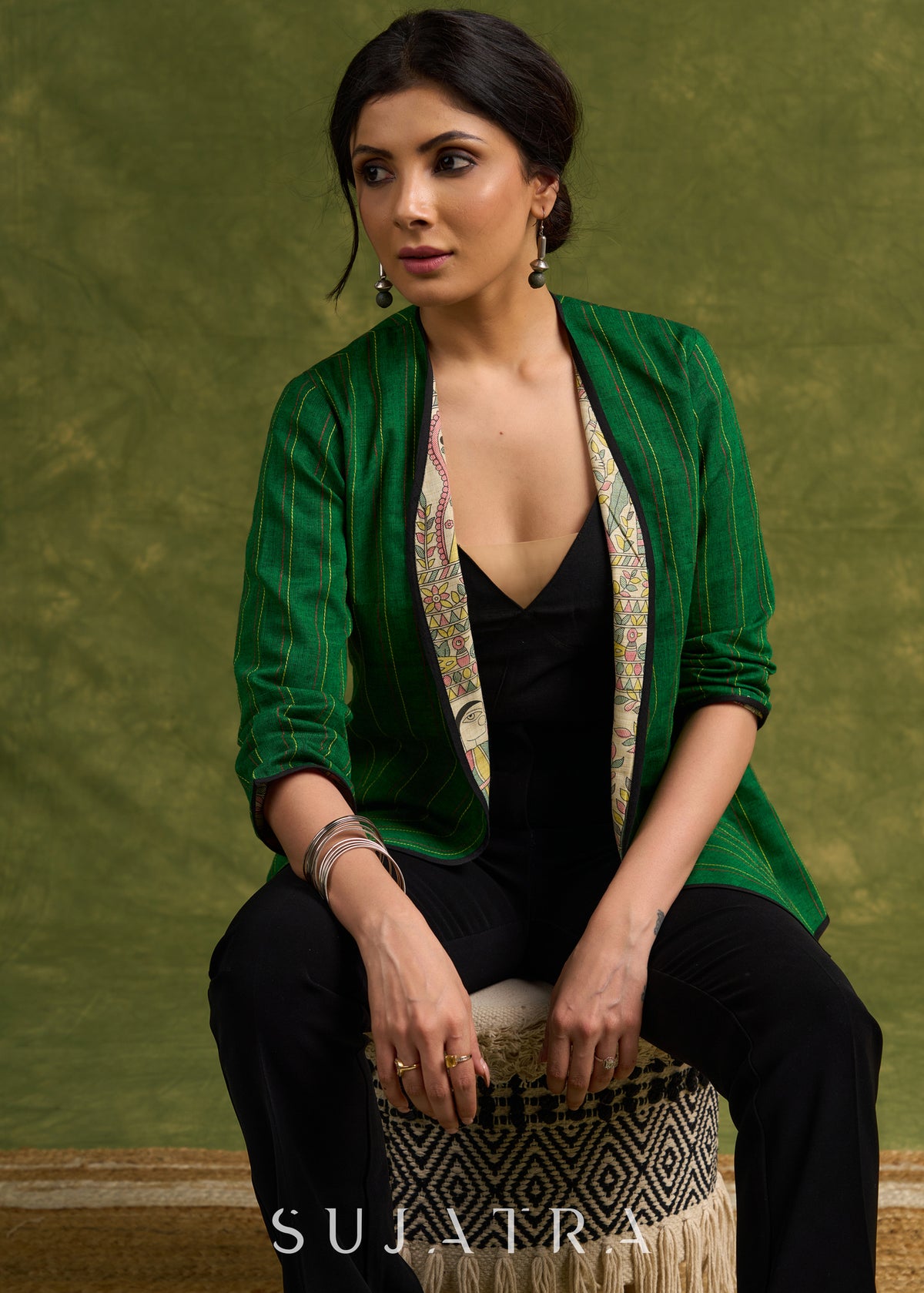 Dussehra Sale — Double The Style : Emerald Green Reversible Cotton Jacket With Intricate Thread work