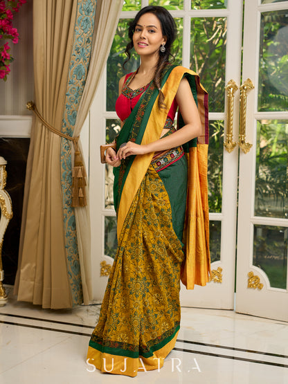 Vibrant Khun-Ajrakh fusion cotton saree with bold block prints and mirrorwork
