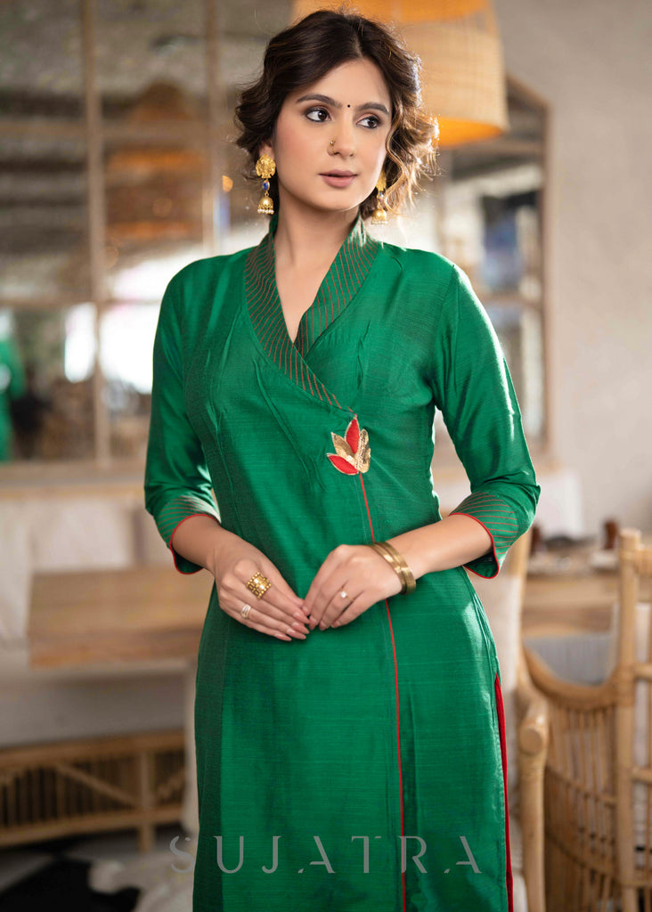 Elegant Emerald Green Cotton Silk pant & Kurta With Red Thread work On Neckline & Sleeves -  Dupatta Optional