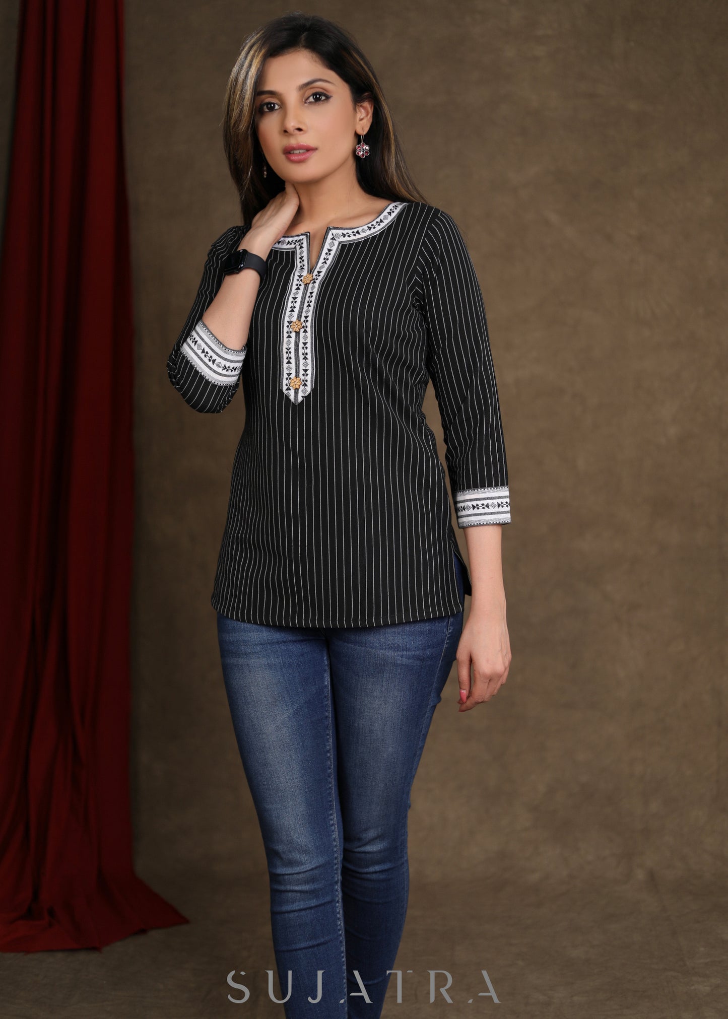 Casual Black Line Ikkat Combination Top
