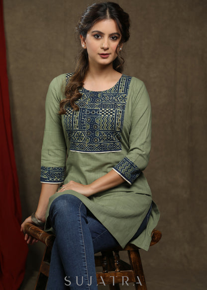 Elegant sage green cotton tunic with beautiful ajrakh yoke