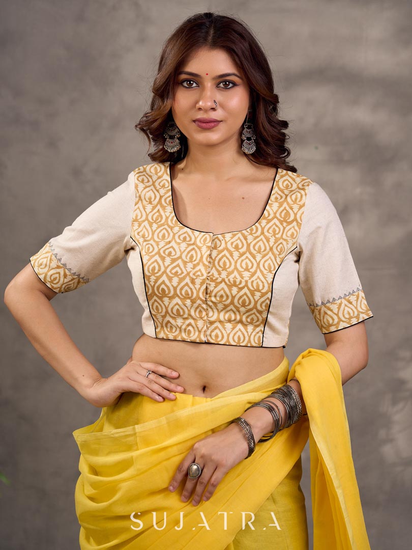 Off White and Mustard Elbow Sleeve Blouse with Contrast Piping and Hand Painted Gond Art on Back