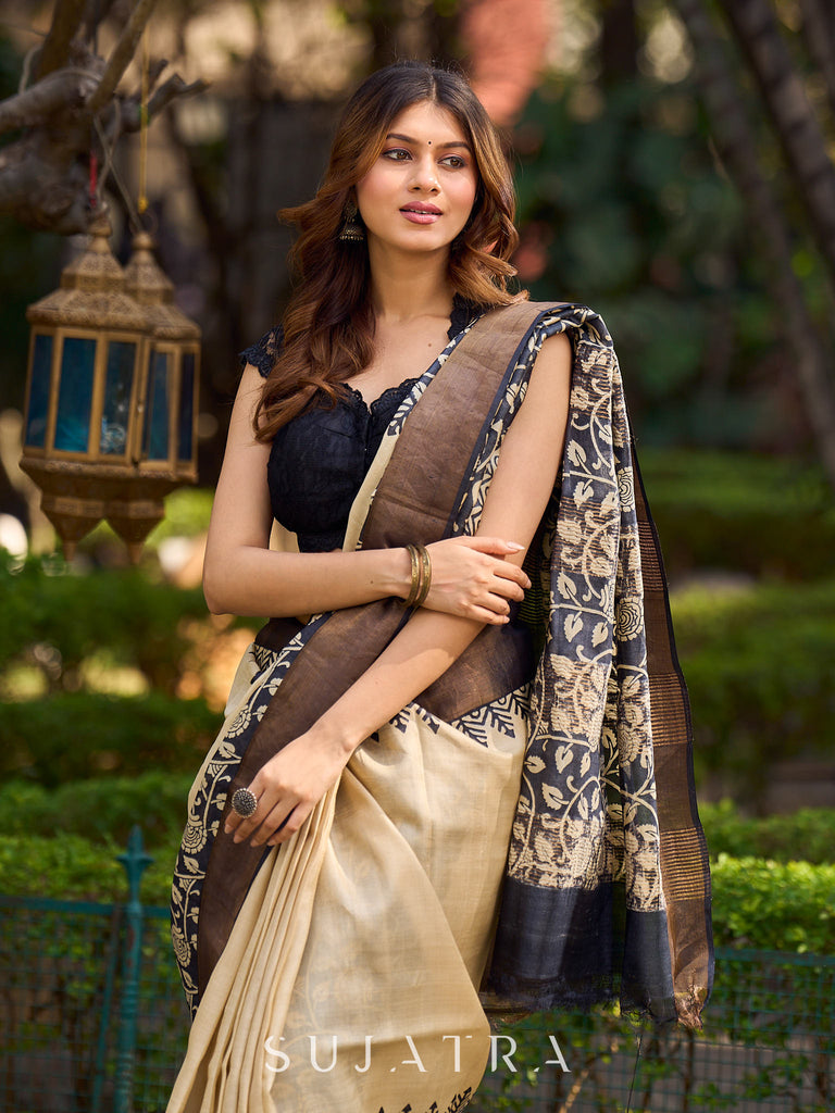 Elegant Ivory and Charcoal Pure Tussar Silk Saree With Kalamkari Inspiration Featuring Leaf Motifs and a Refined Jari Border