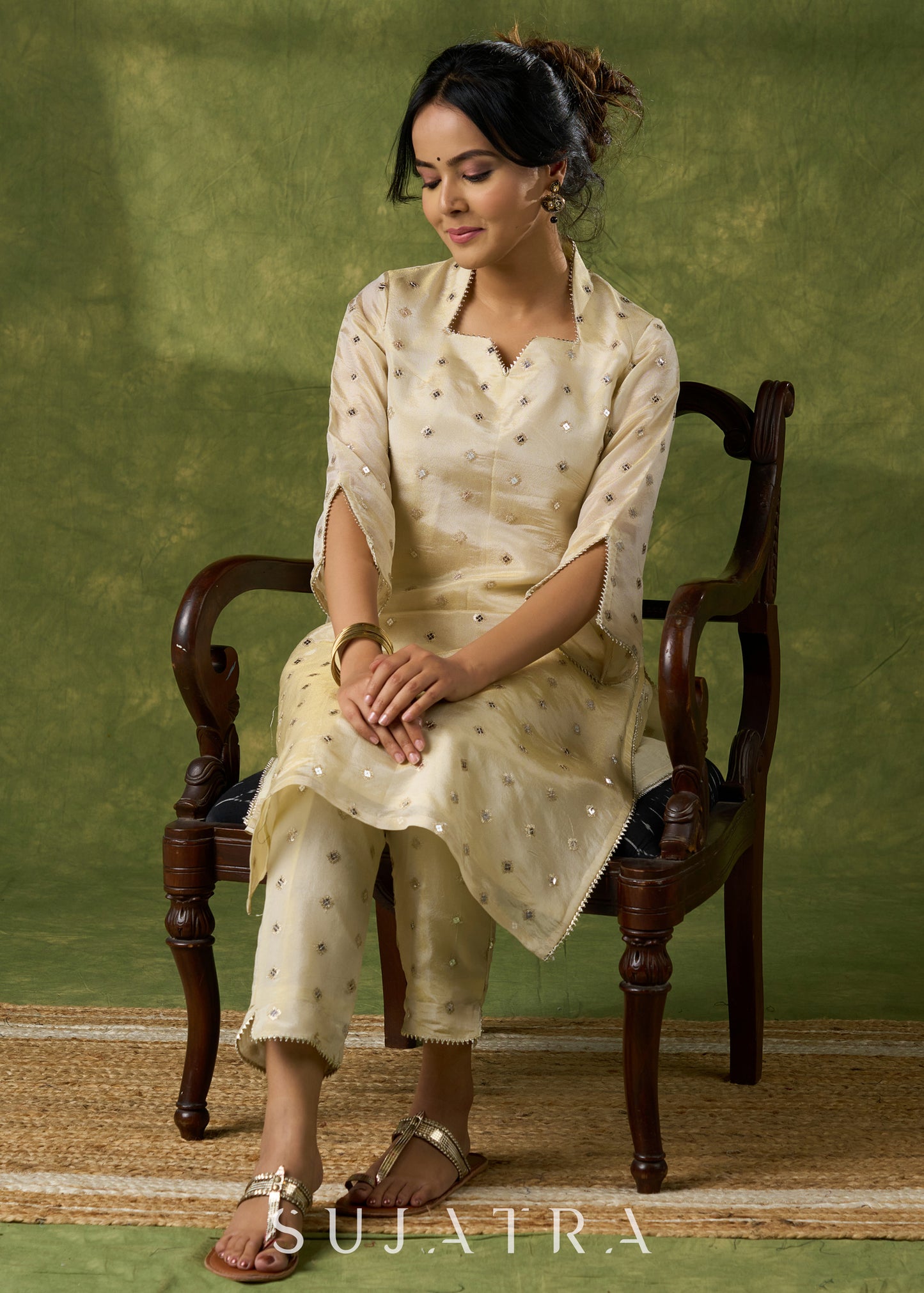 Elegant off White Self-Embellished Tissue Kurta - Pant Optional