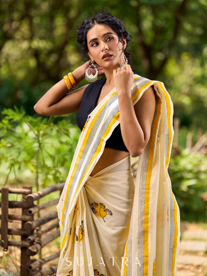 Breezy Off-White Cotton Saree with Fresh Floral Hand Block Print and Yellow Border Highlights