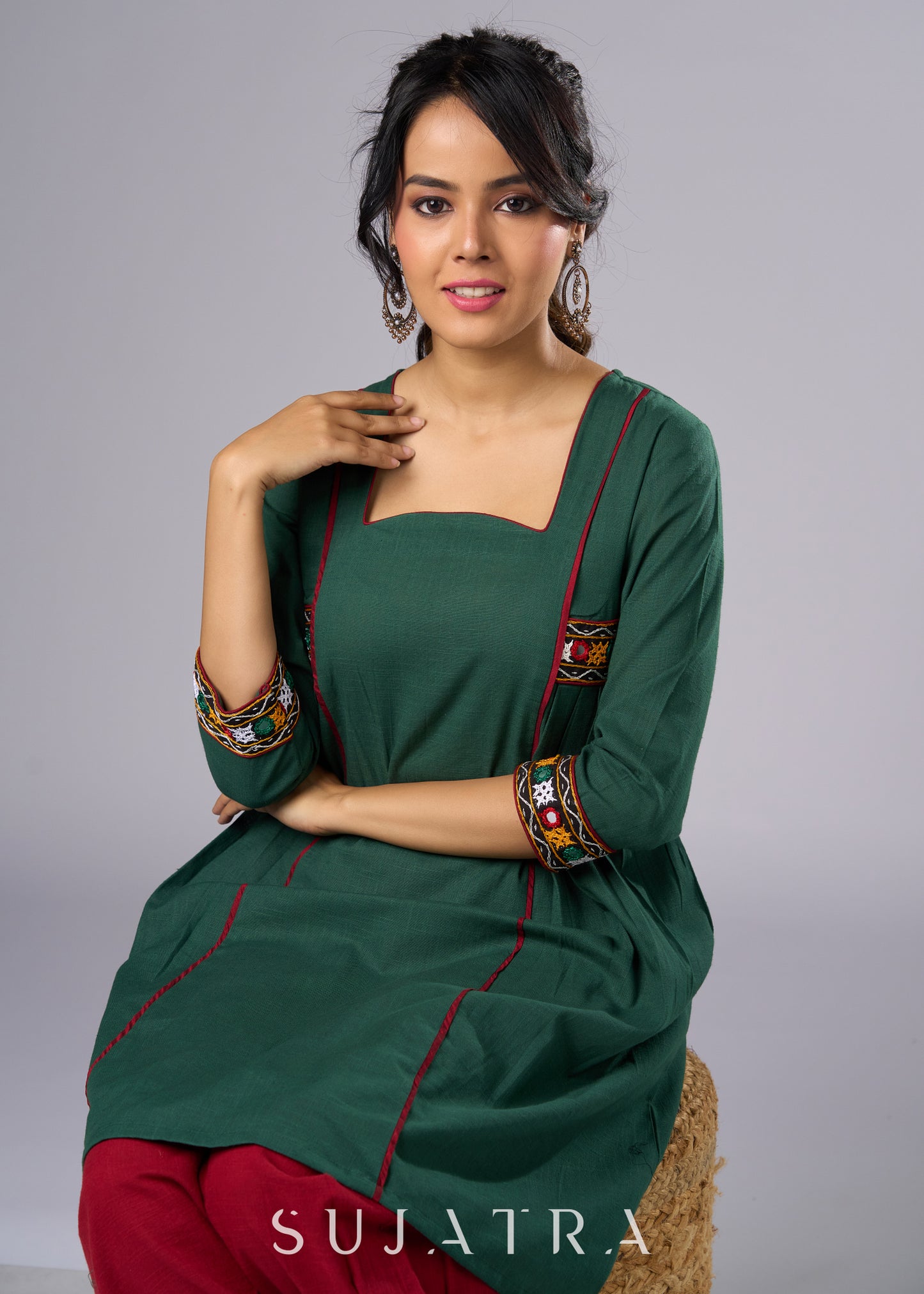 Beautiful Green Cotton Mirror Work Tunic -  Pant Additional