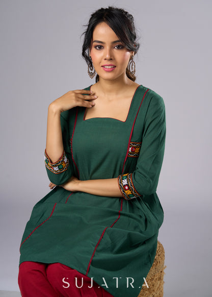 Beautiful Green Cotton Mirror Work Tunic -  Pant Additional