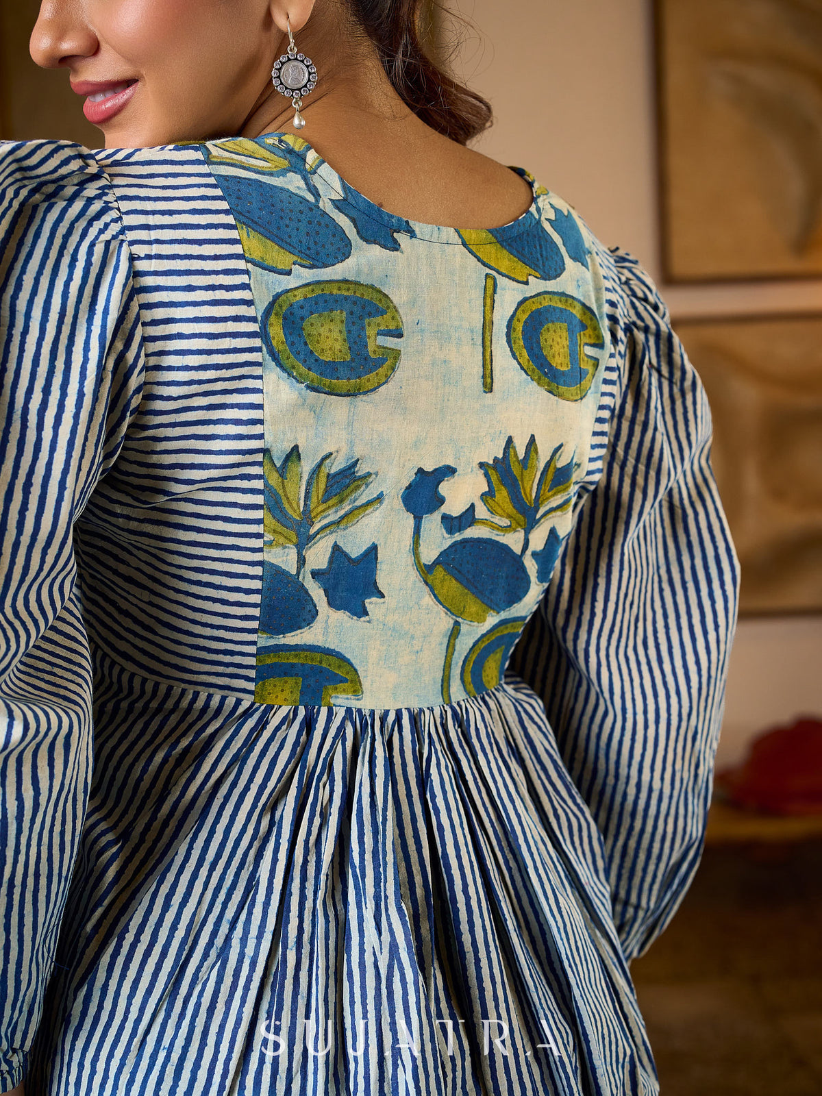 Exquisite Indigo Striped Top with Dramatic Puffy Sleeves, Contrasting Yoke & Tassel Embellishments