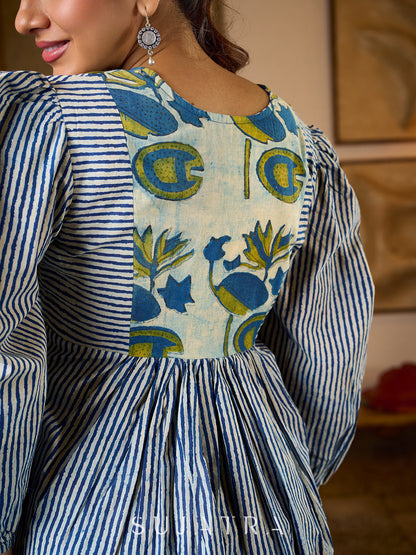 Exquisite Indigo Striped Top with Dramatic Puffy Sleeves, Contrasting Yoke & Tassel Embellishments