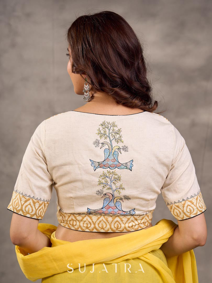 Off White and Mustard Elbow Sleeve Blouse with Contrast Piping and Hand Painted Gond Art on Back