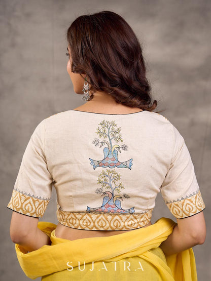 Off White and Mustard Elbow Sleeve Blouse with Contrast Piping and Hand Painted Gond Art on Back