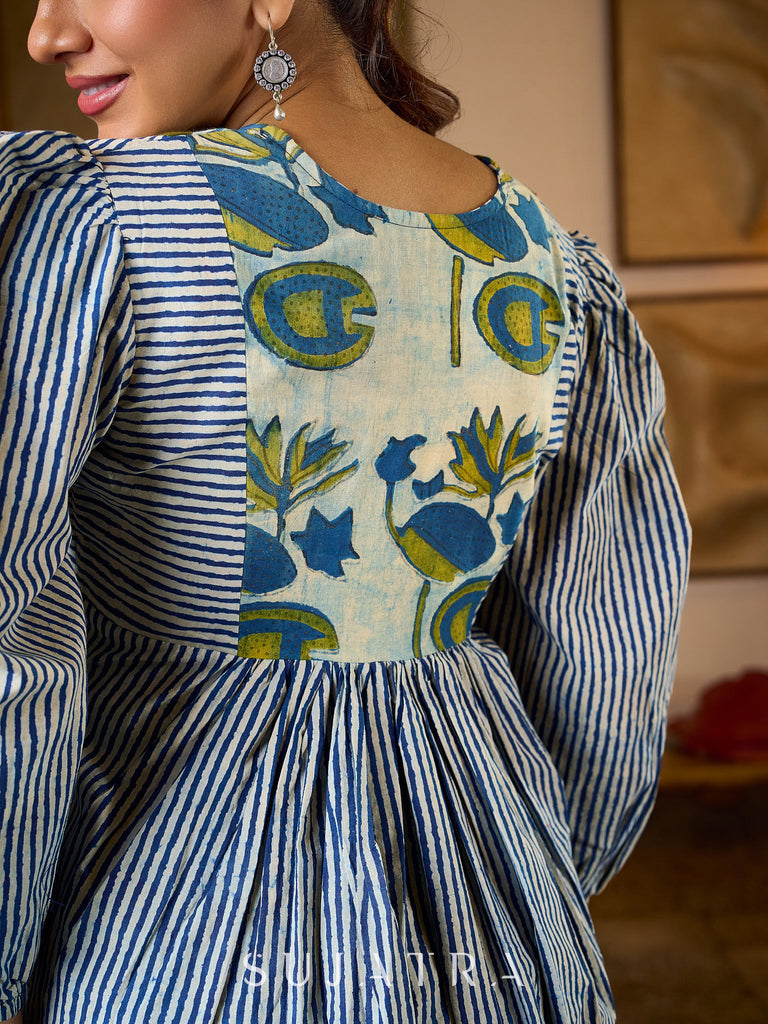 Exquisite Indigo Striped Top with Dramatic Puffy Sleeves, Contrasting Yoke & Tassel Embellishments