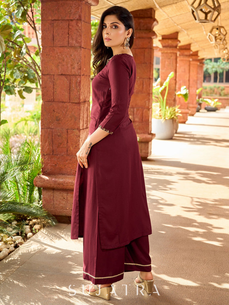 Beautiful hand embroidery Rich dark brown rayon kurta -palazzo optional