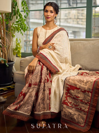 Elegant White Hakoba Cotton Saree with Rust-Red Kalamkari Print & Ajrakh Chevron Border