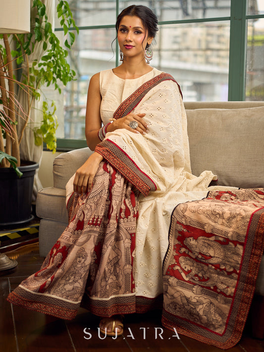 Elegant White Hakoba Cotton Saree with Rust-Red Kalamkari Print & Ajrakh Chevron Border