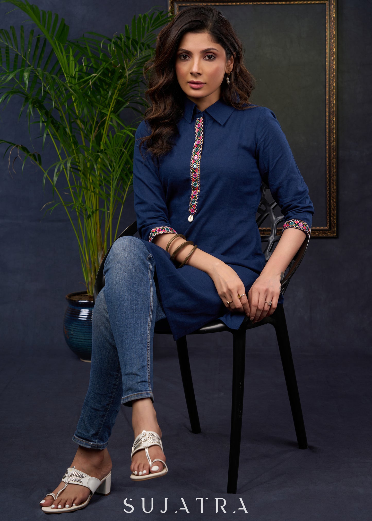 Navy Blue Cotton Tunic With Kutch Embroidery And A Shirt-Style Collar.