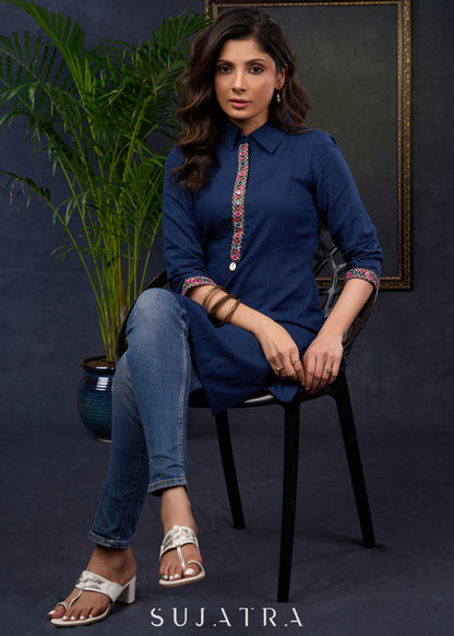 Navy Blue Cotton Tunic With Kutch Embroidery And A Shirt-Style Collar.