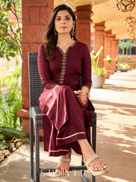 Beautiful hand embroidery Rich dark brown rayon kurta -palazzo optional