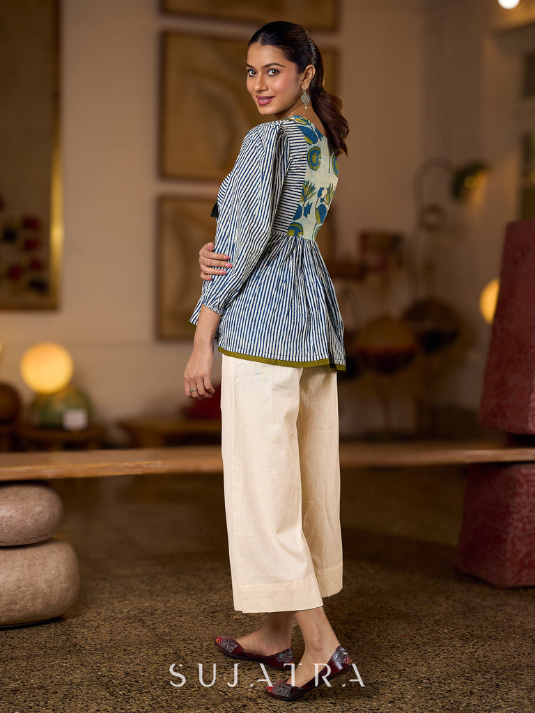 Exquisite Indigo Striped Top with Dramatic Puffy Sleeves, Contrasting Yoke & Tassel Embellishments