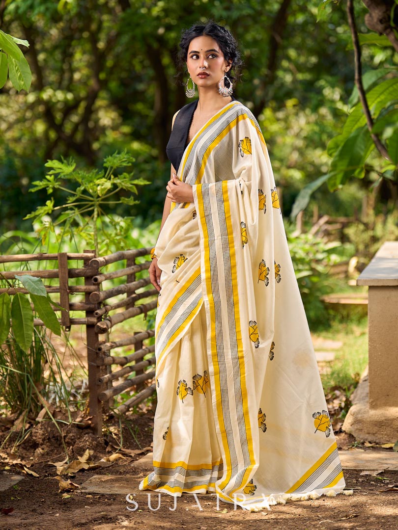 Breezy Off-White Cotton Saree with Fresh Floral Hand Block Print and Yellow Border Highlights