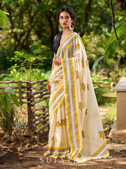 Breezy Off-White Cotton Saree with Fresh Floral Hand Block Print and Yellow Border Highlights