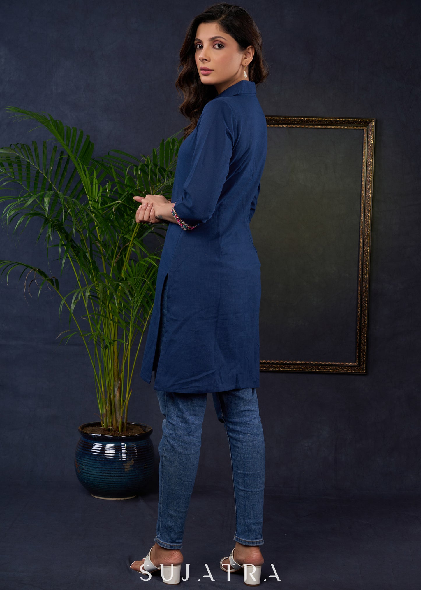 Navy Blue Cotton Tunic With Kutch Embroidery And A Shirt-Style Collar.