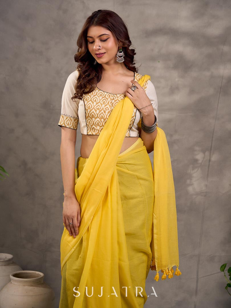 Off White and Mustard Elbow Sleeve Blouse with Contrast Piping and Hand Painted Gond Art on Back
