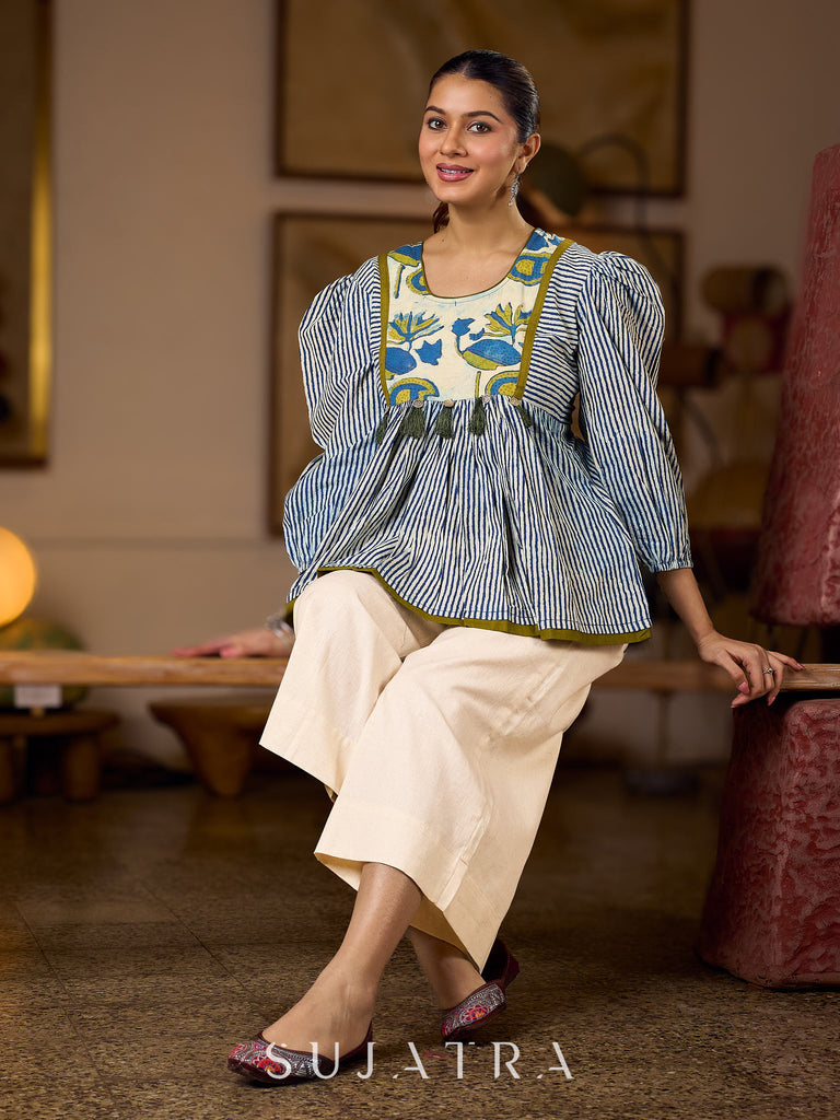 Exquisite Indigo Striped Top with Dramatic Puffy Sleeves, Contrasting Yoke & Tassel Embellishments