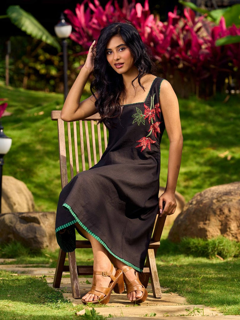 Chic Black Cotton Dress With Handcrafted Red Floral Applique And Contrast Green Detailing