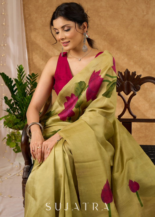 Chic Hand Painted Light Olive Pure Silk Floral Saree
