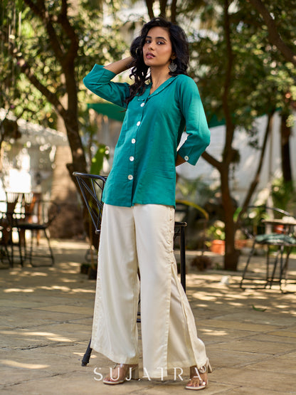 Peacock Green Cotton Shirt Featuring Bold Statement Collar