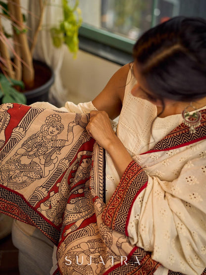 Elegant White Hakoba Cotton Saree with Rust-Red Kalamkari Print & Ajrakh Chevron Border