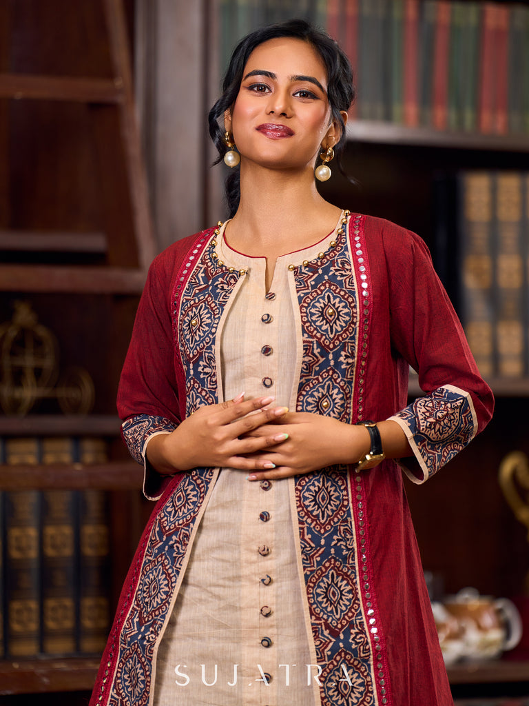 Maroon Handwoven Cotton Jacket With Ajrakh Detailing And Intricate Mirror Lace Trims