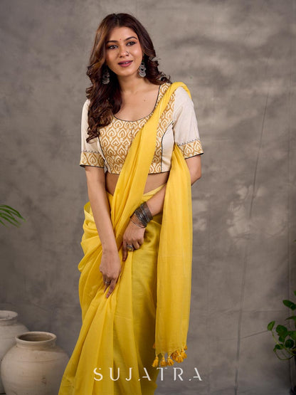 Off White and Mustard Elbow Sleeve Blouse with Contrast Piping and Hand Painted Gond Art on Back