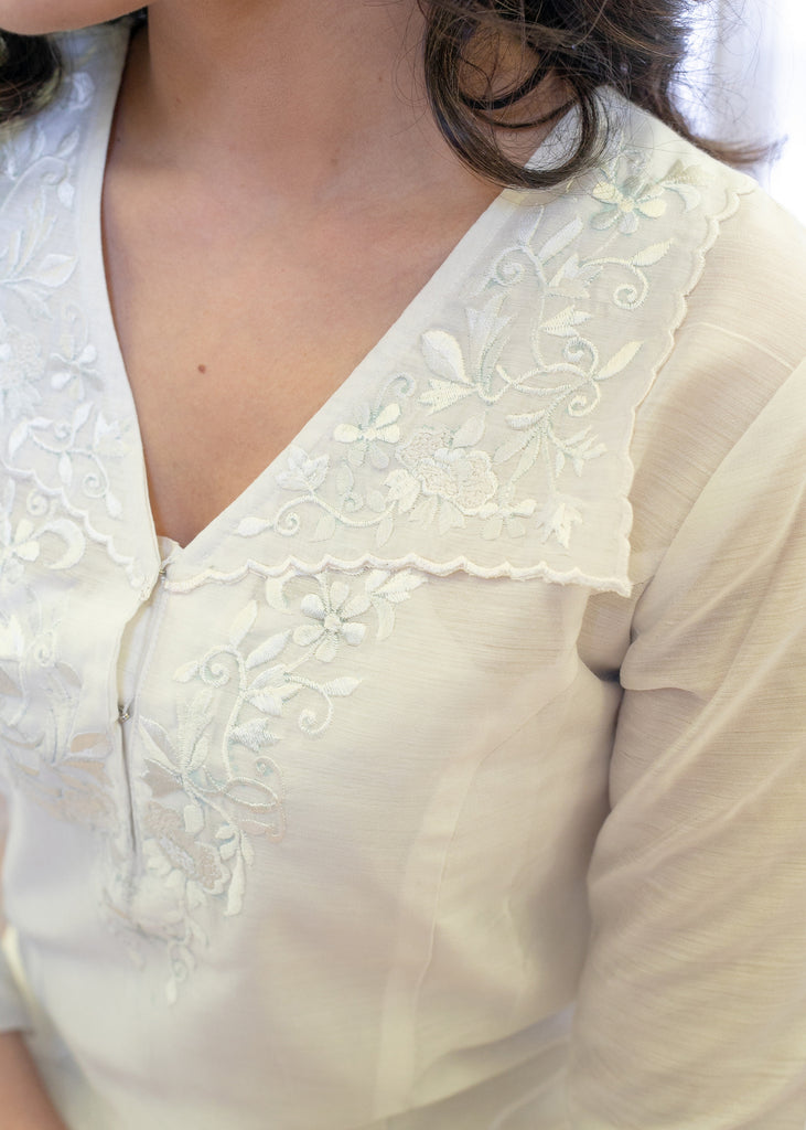 Smart Chanderi White Kurta with Embroidered Collar & Yoke - Pant Optional