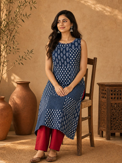 Dark Blue Printed Kantha Cotton A-line Kurta
