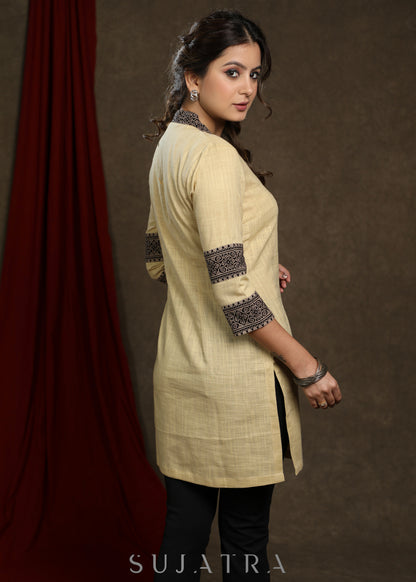 Elegant ochre yellow cotton tunic with ajrakh combination