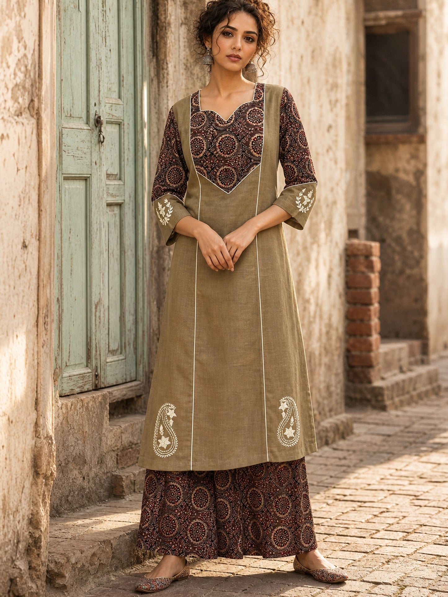 Elegant Beige Kurta with Ajrakh Print Yoke & Paisley Embroidery