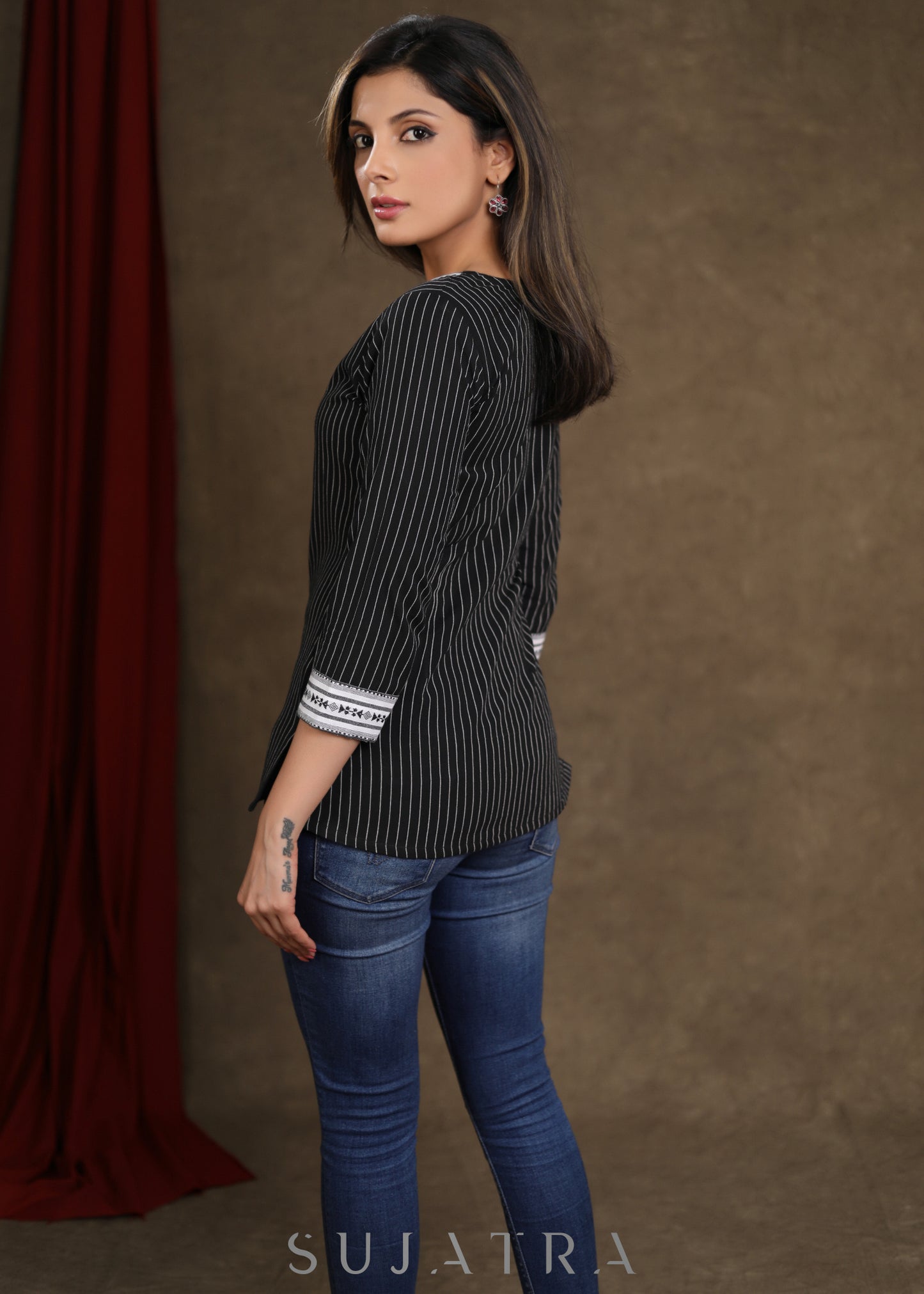 Casual Black Line Ikkat Combination Top