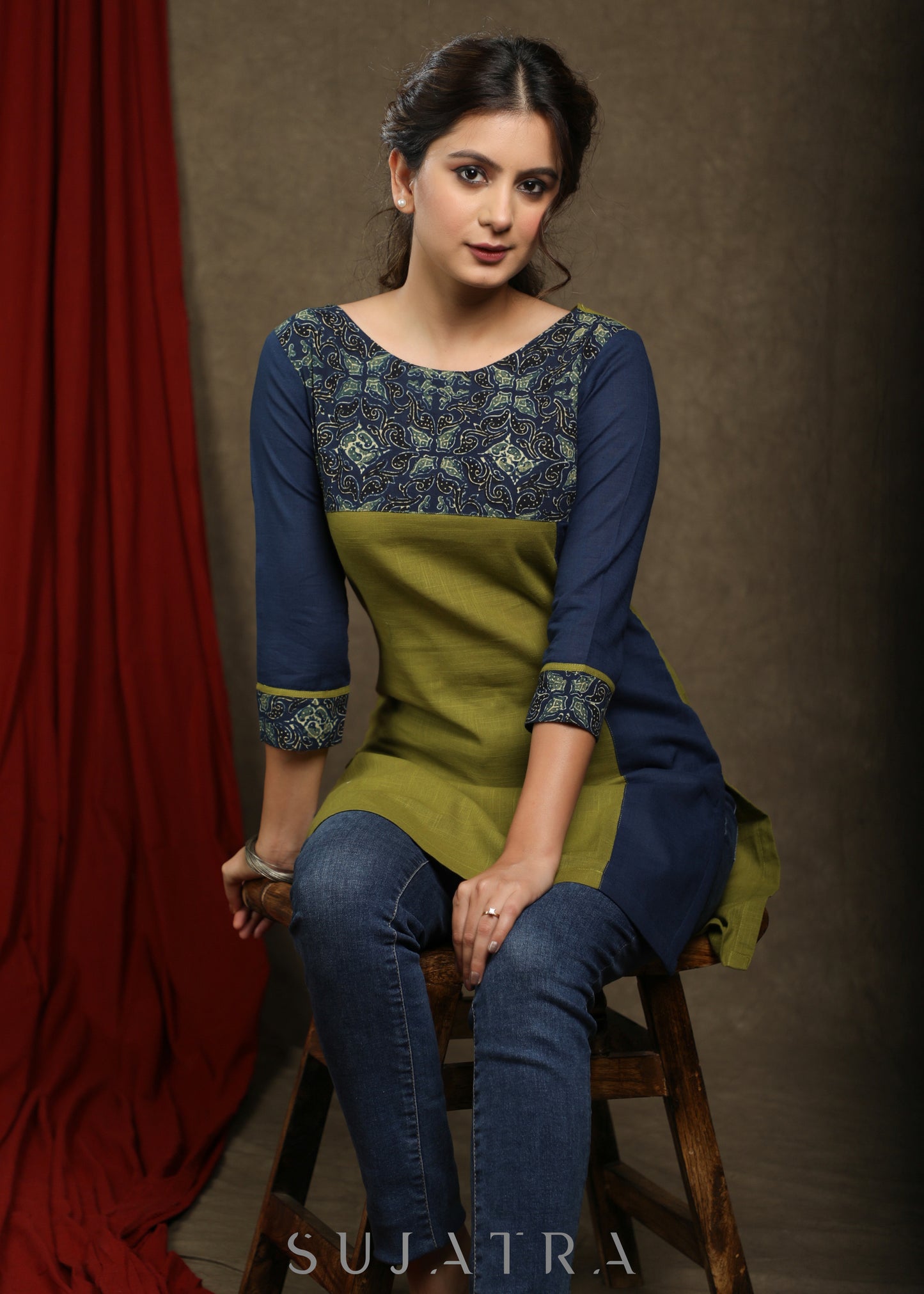 Stylish olive green cotton with ajrakh combination tunic