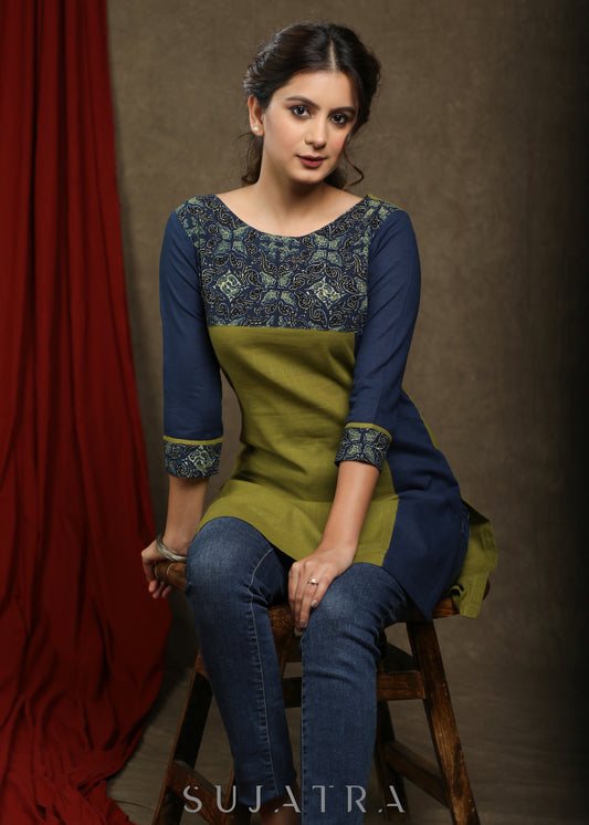Stylish olive green cotton with ajrakh combination tunic