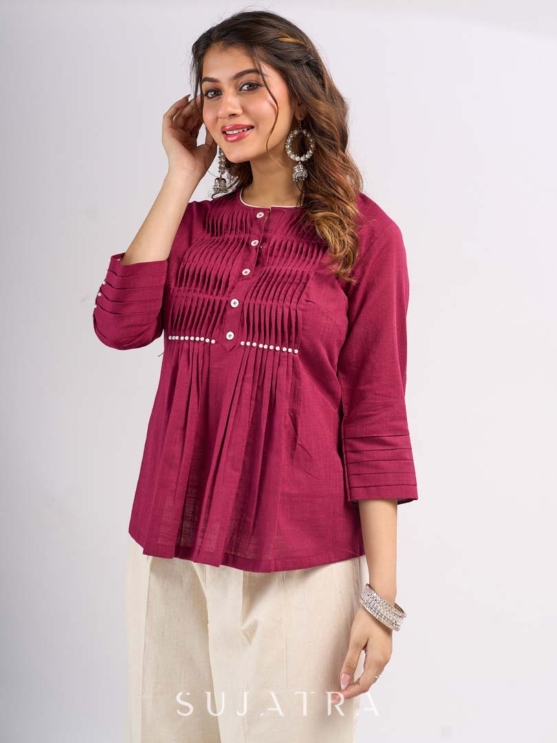 Wine Cotton Top with Pintuck Detail and Pearl Accents